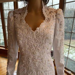 *Vintage Bonny White Satin Long Sleeve Wedding Dress Bridal Gown Size 12